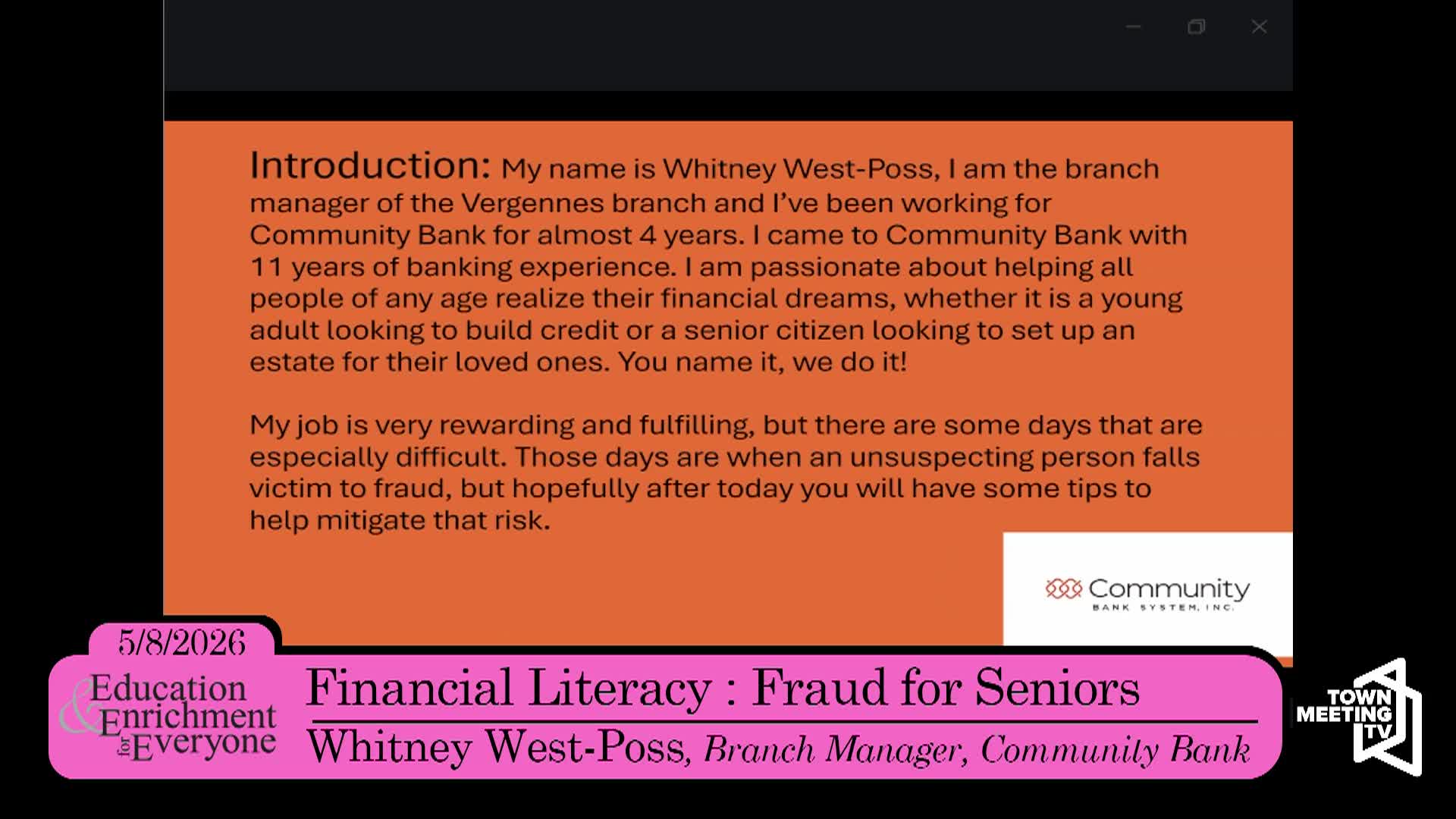 Thumbnail image for Education and Enrichment: 'Financial Literacy, Fraud For Seniors'